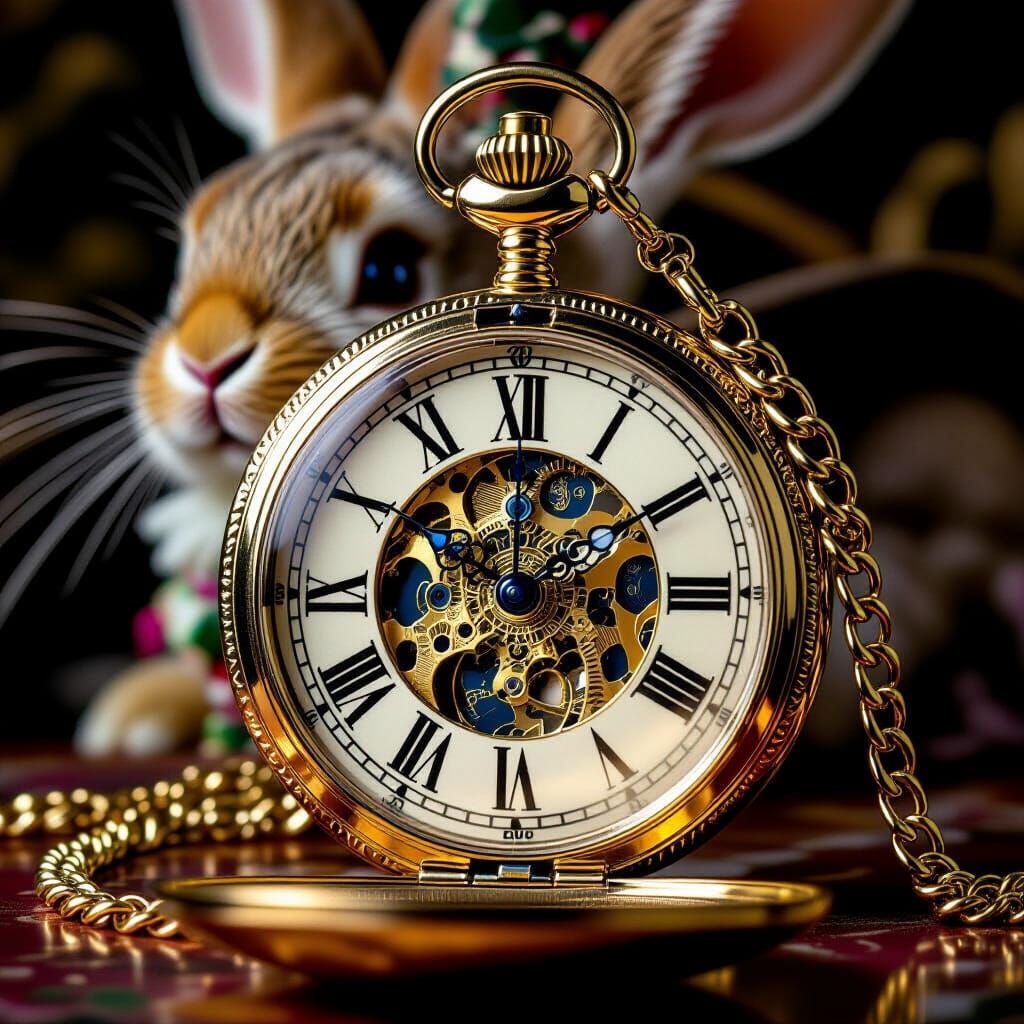 Golden Pocket Watch in Wonderland, Surreal Close-Up