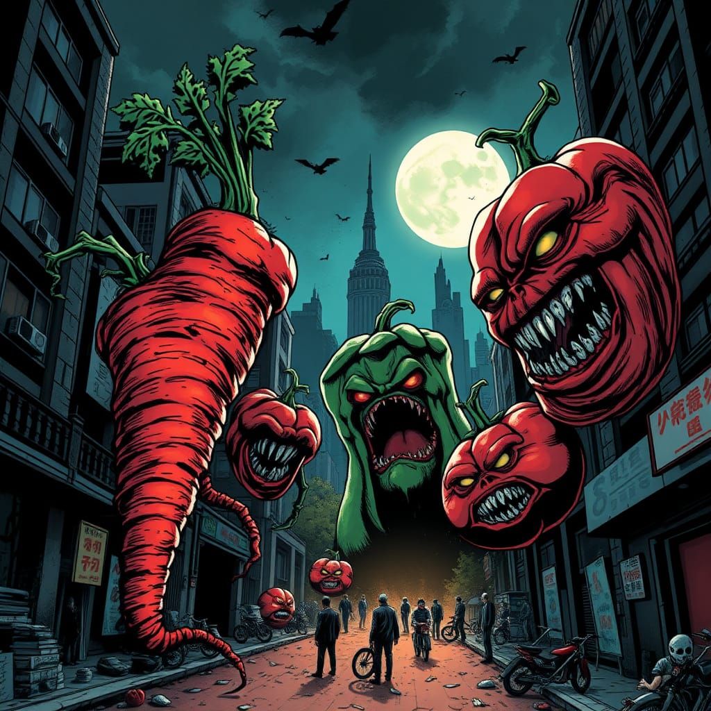 Killer Vegetables Attack City in Horror Manga Style