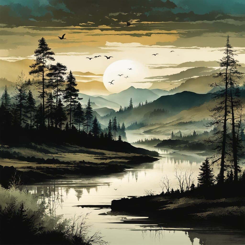 Vintage Forest in Modern Ink Painting Style