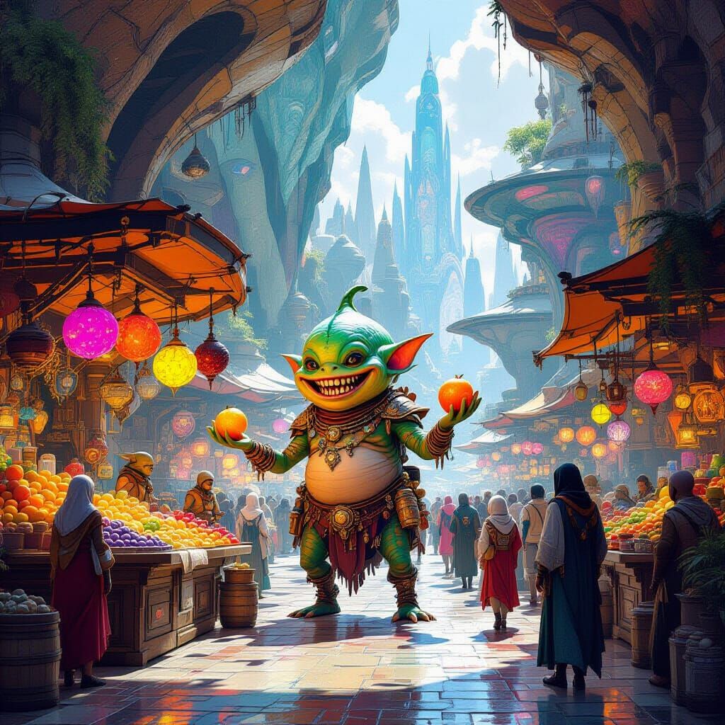 Alien Marketplace Scene with Fantastical Creatures and Glowi...