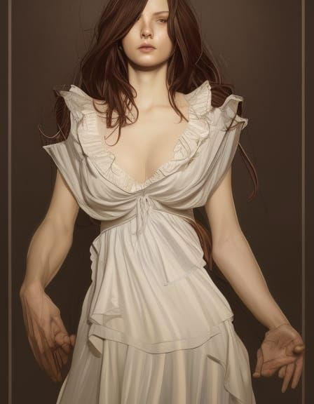 Brunette in Ruffled Dress: Hyperdetailed Art Nouveau Portrai...