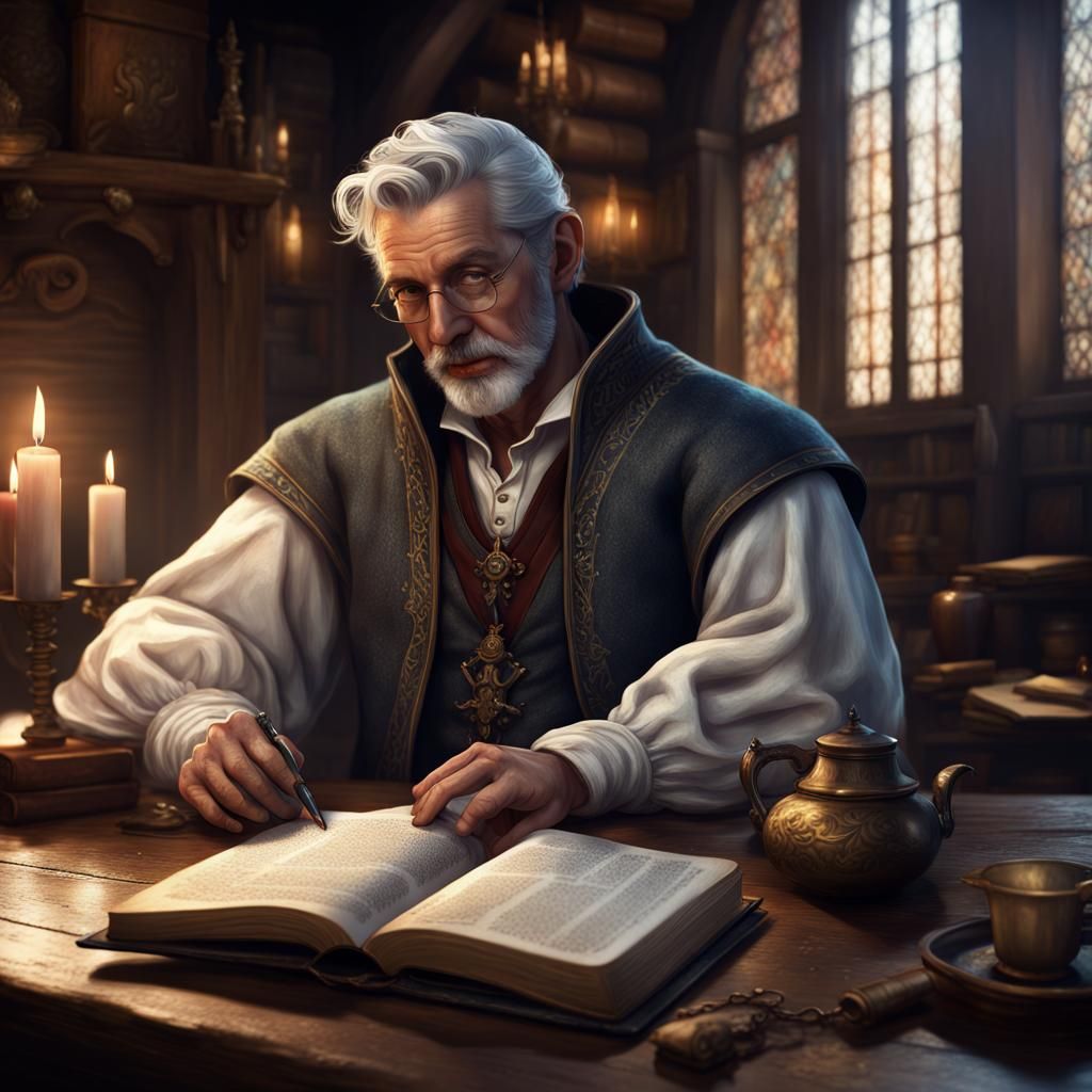 Fantasy Scholar Reading in Inn, Detailed Matte Painting