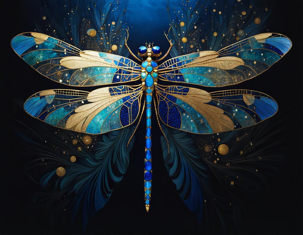 Blue and Gold Dragonfly in Art Nouveau Style