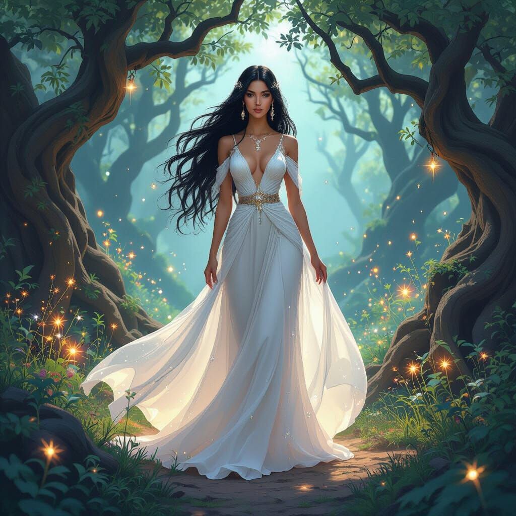 Mystical Woman in Glowing Grove, Digital Art