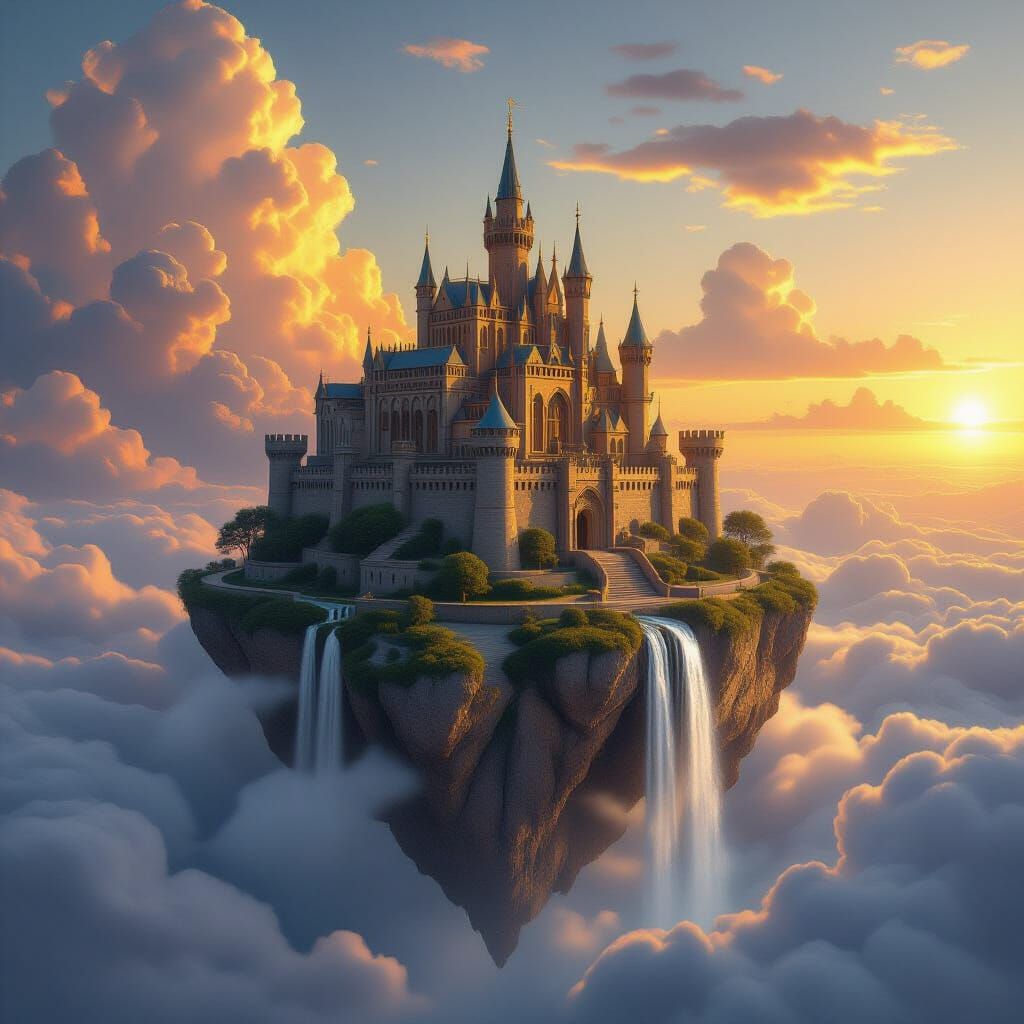 Ancient Castle on Floating Rock at Sunrise