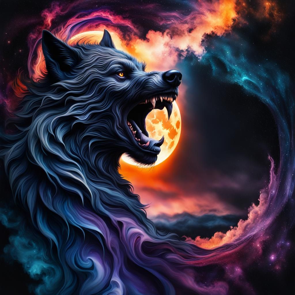 Dark Sunset: Hyperrealistic Werewolf in Watercolor Galaxy
