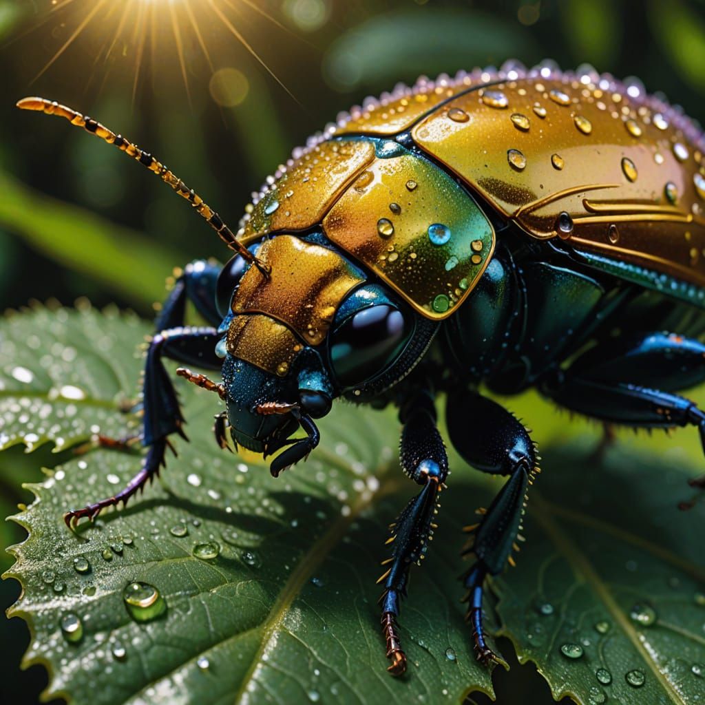 Surreal Macro Photography of Iridescent Beetle on Passionflo...