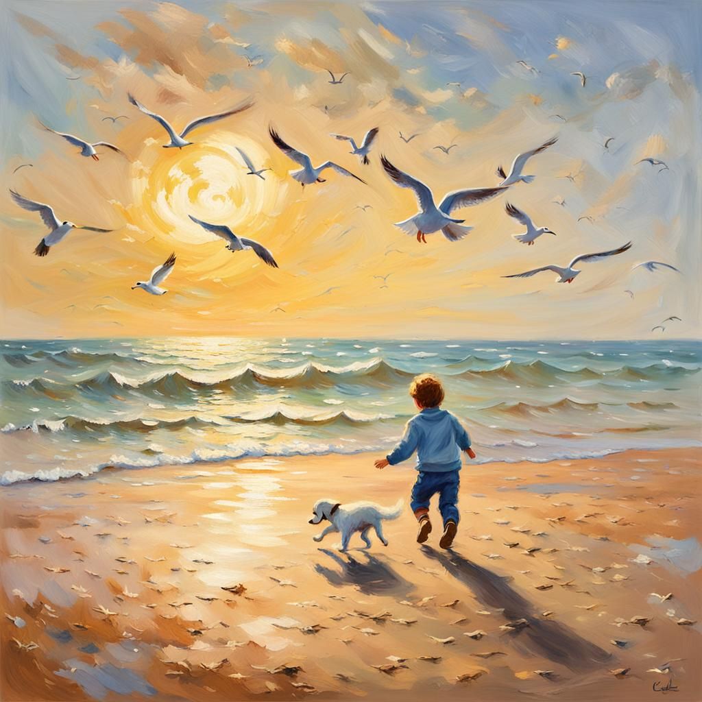 Impressionist Seascape: Child and Dog on Beach