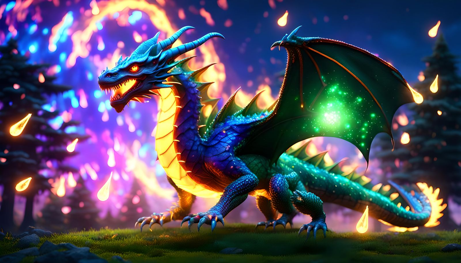 plasma neon fire breathing dragon kite high in sky,fire works sparkles making florescent light behind iridescence dew...