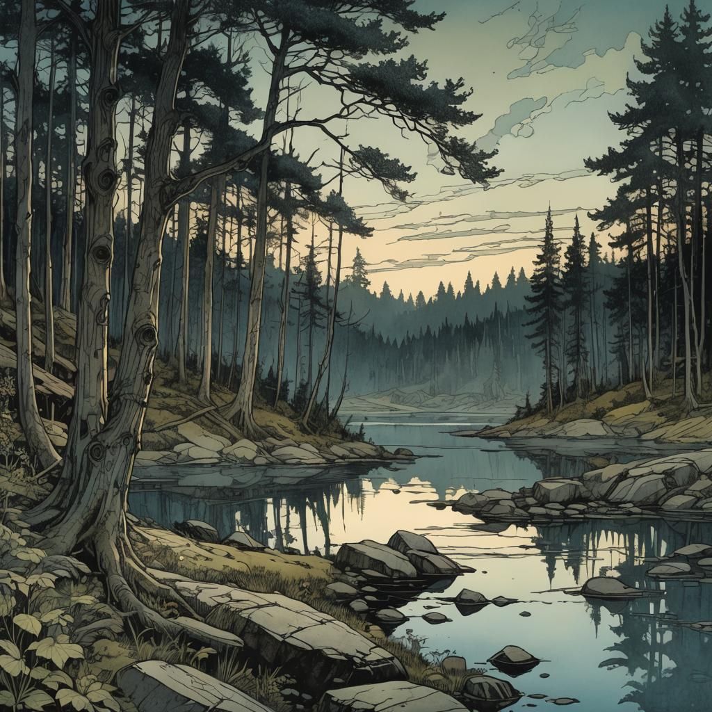 Forest Lake at Dusk: Detailed Digital Illustration