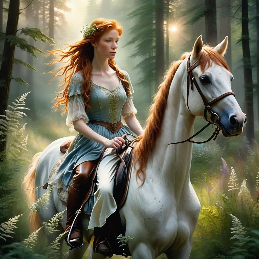 Ginger Woman on Horseback in Ethereal Woods