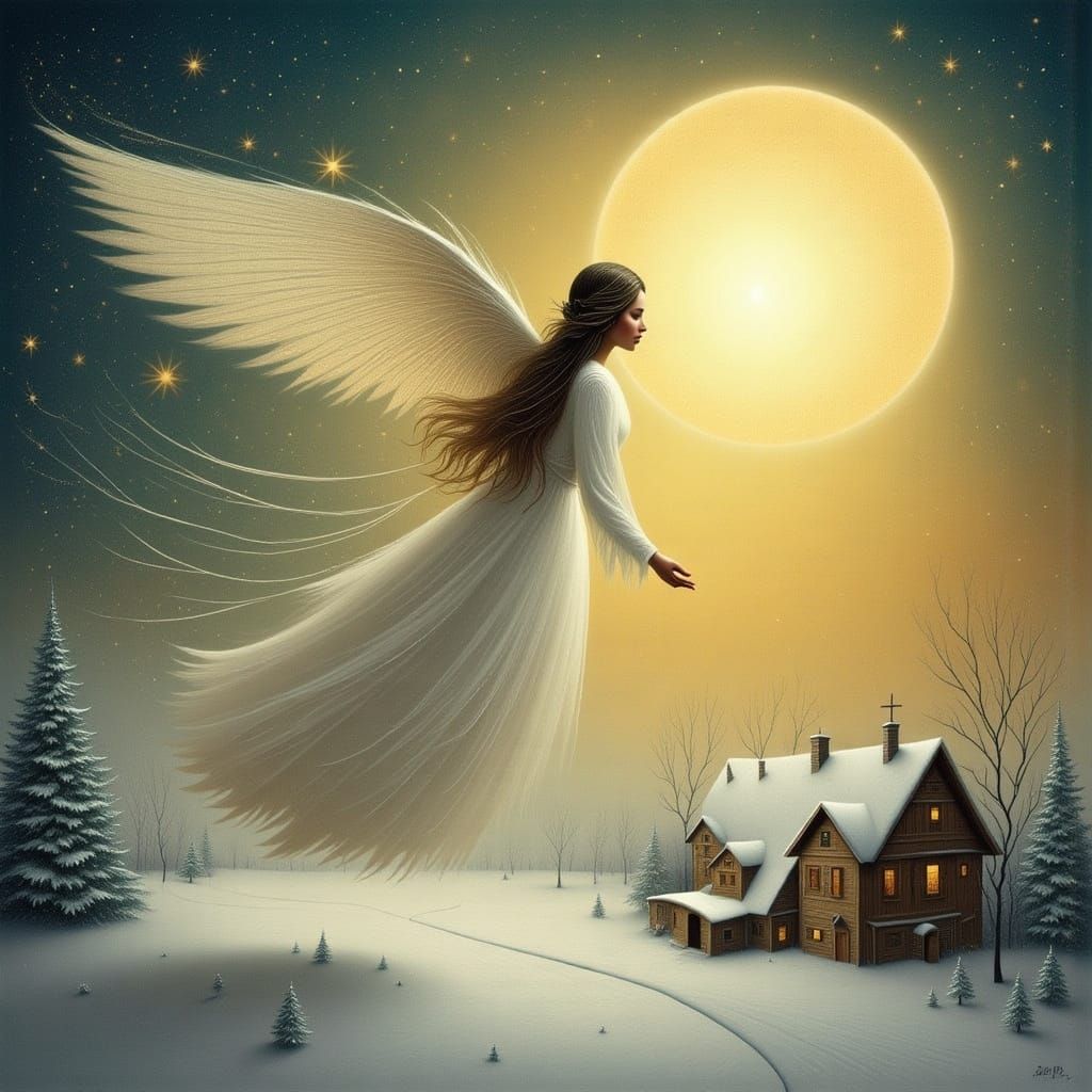 Christmas Angel Over Snowy Village in Luminous Oil Painting ...