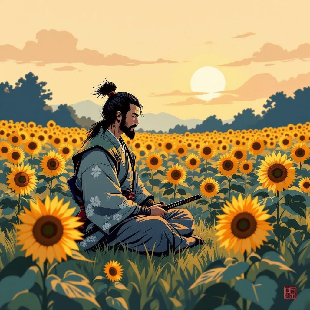 Samurai Meditating in Sunflower Field at Dawn, Ukiyo-e Style