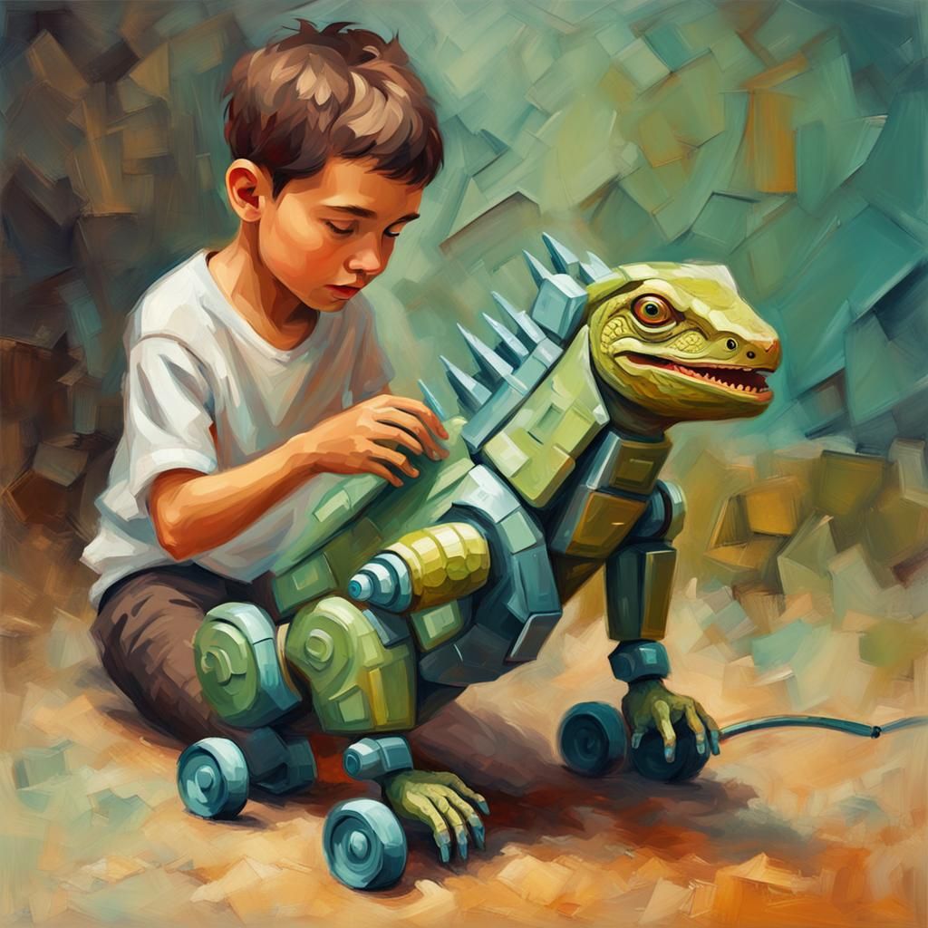 Futuristic Robot Iguana Toy in Impasto Oil Style