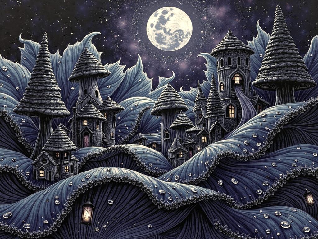 Gothic Mushroom Village in Black Rose, Whimsical Art