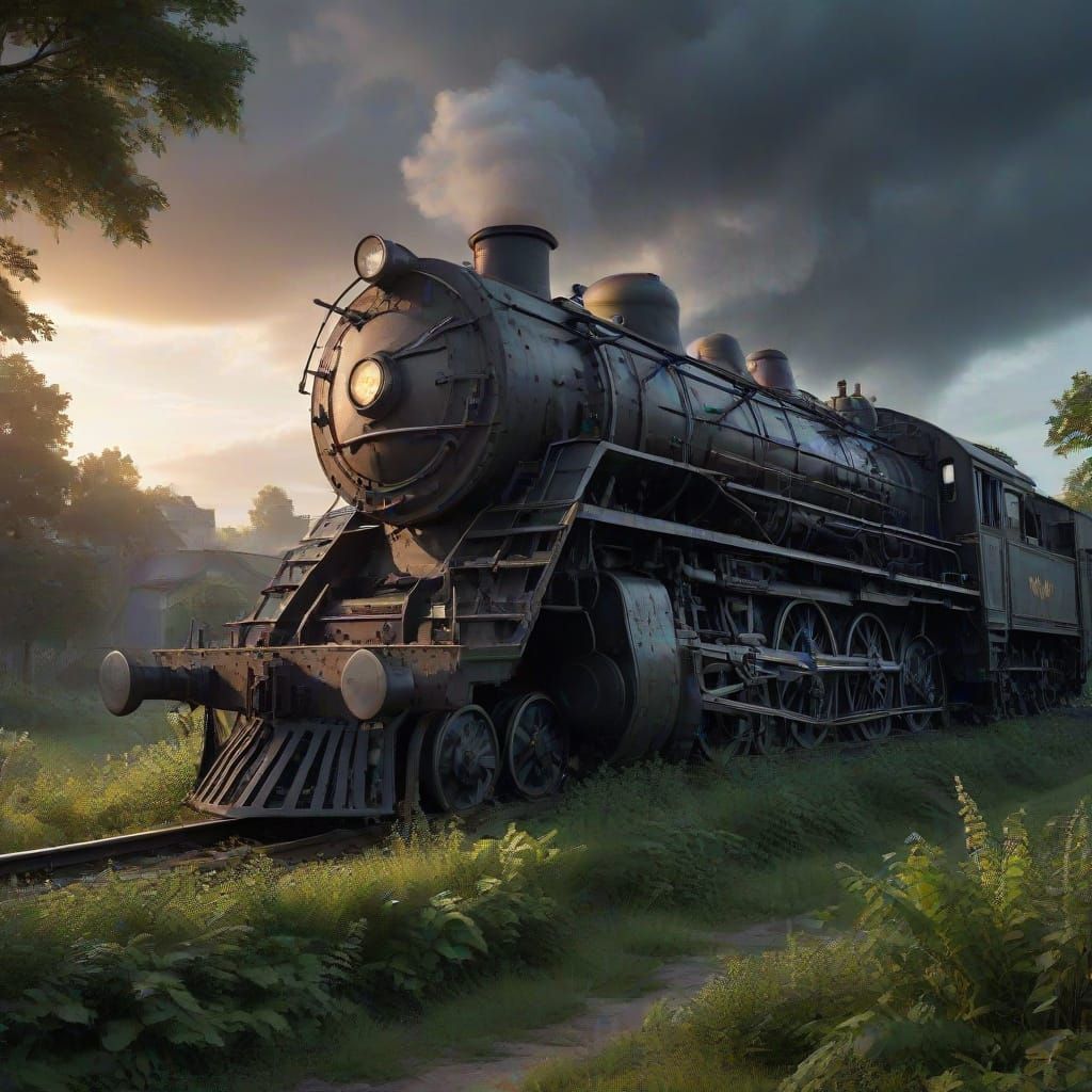 Colossal Biomechanical Steam Train in Overgrown City