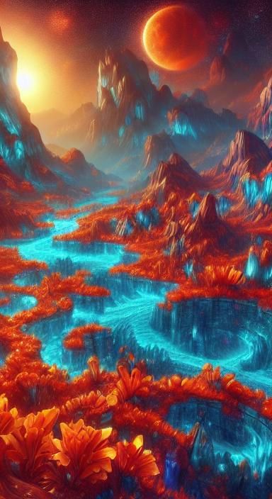 Alien Canyon River with Extraterrestrial Plants