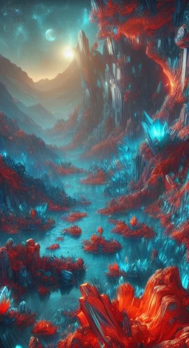 Alien Canyon River Under Starry Sky: Cel-Shaded Art