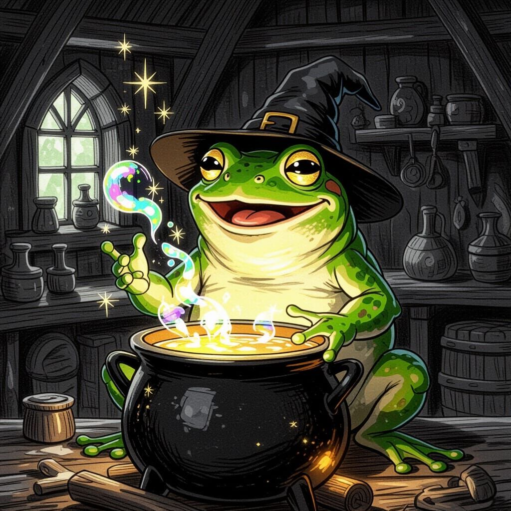 Wise Frog Brews Glowing Potion: Charcoal Drawing