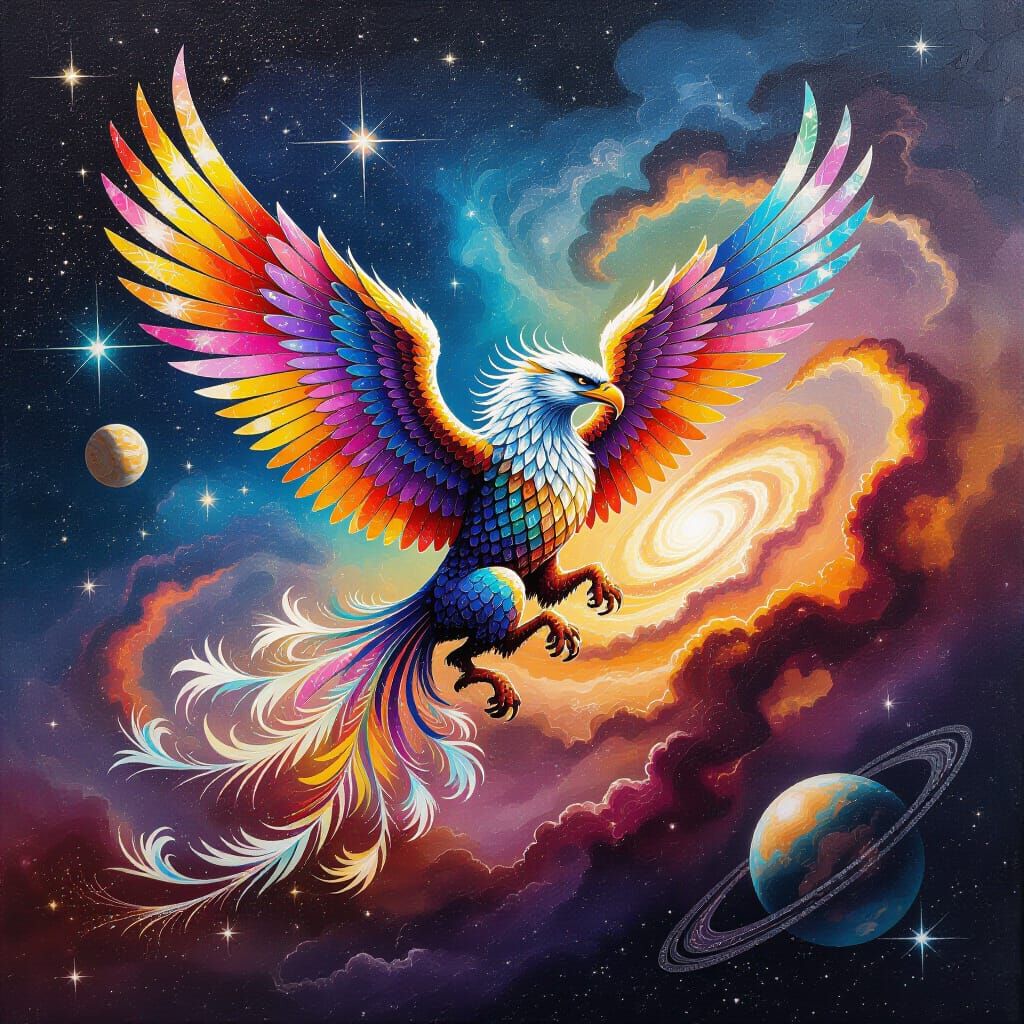 Celestial Griffin Soaring Through Nebula Made of Beads