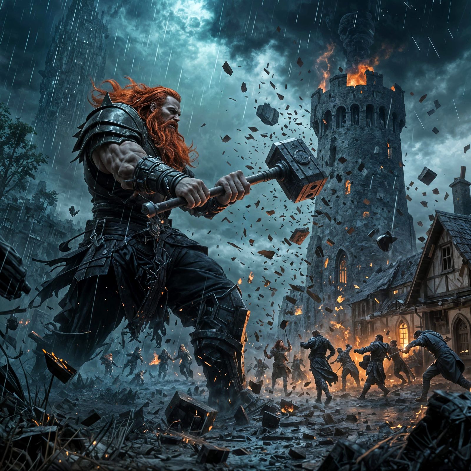 Giant with Hammer Destroys Village Tower