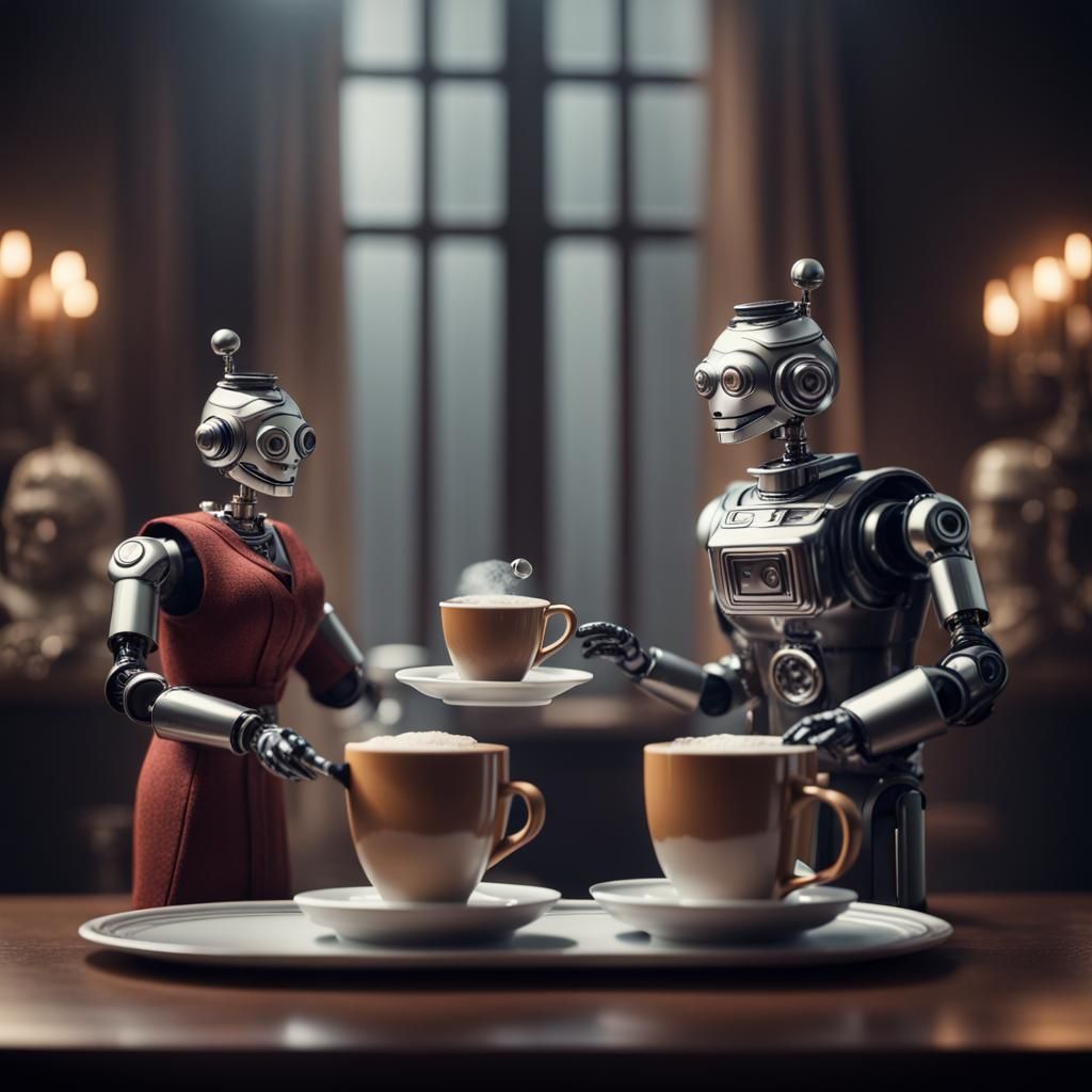Robot Butler Serves Giant Coffee, Digital Matte Painting