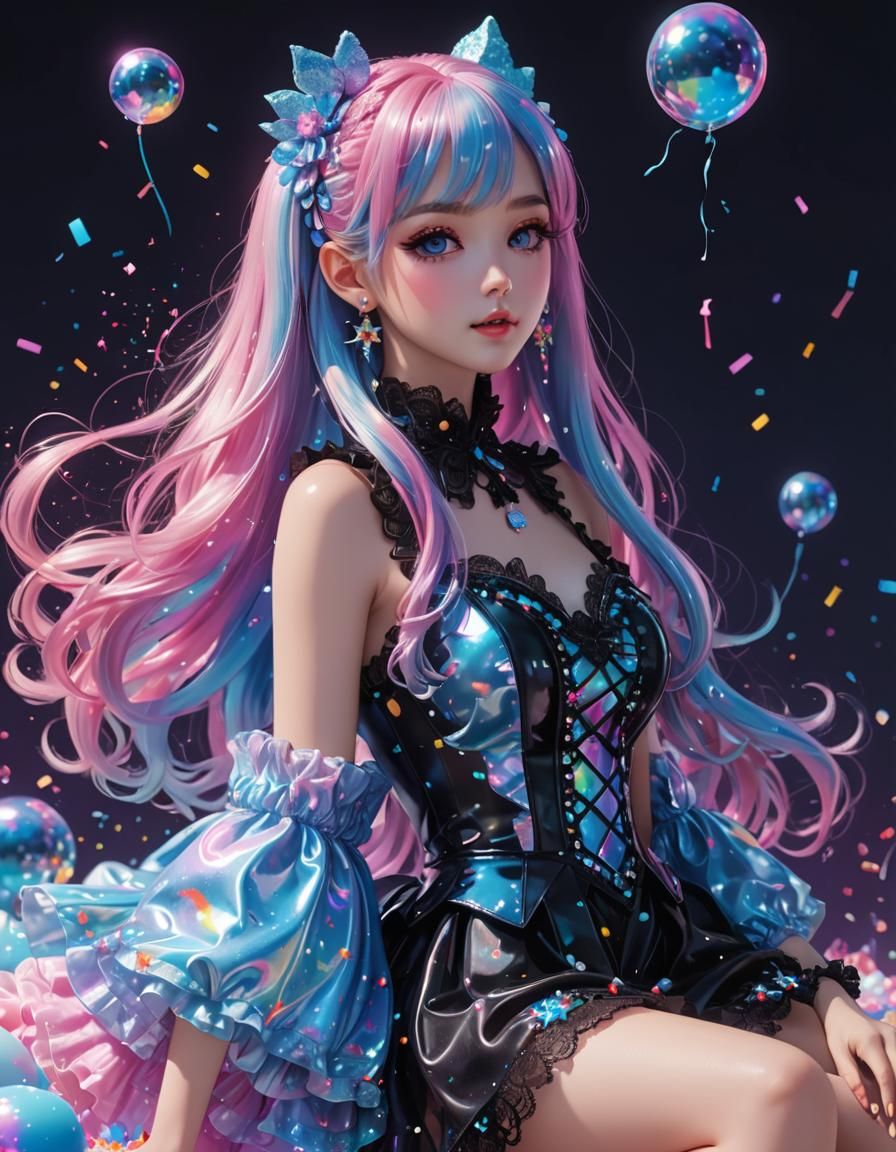Holographic Anime Dress with Iridescent Ink Splatters