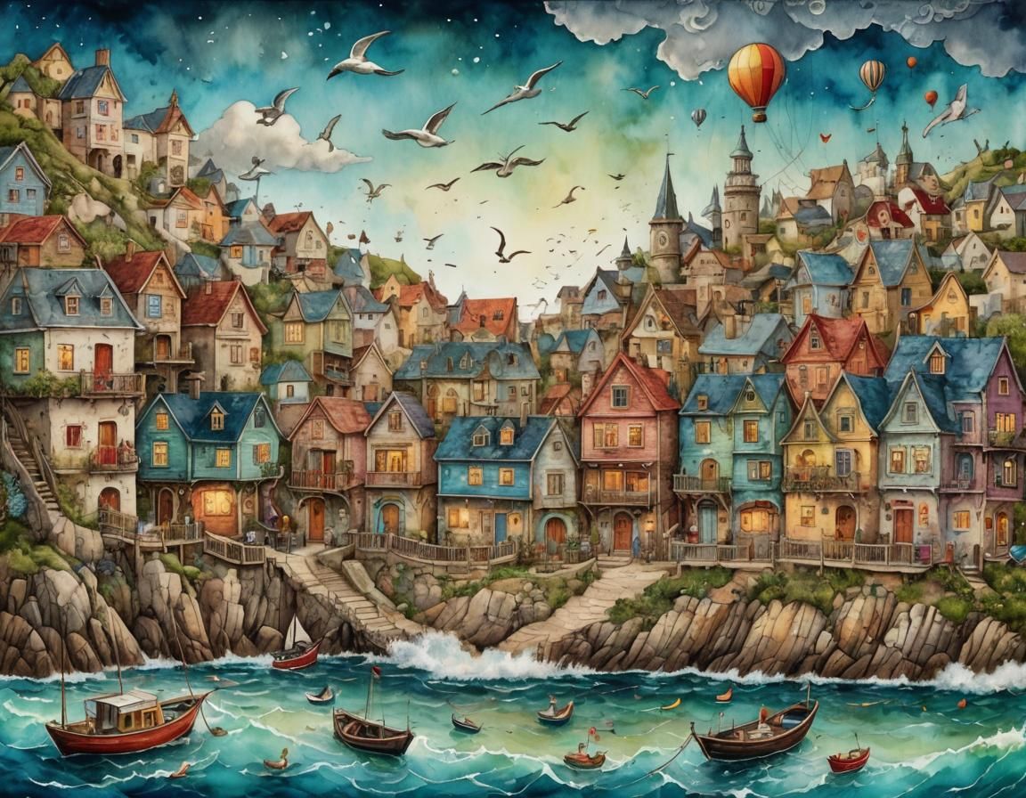 Charming Coastal Village: Fairytale Storybook Illustration