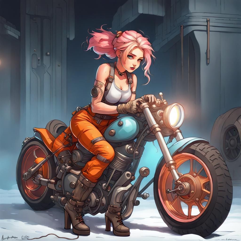 Steampunk Mechanic Girl Repairs Chopper in Gothic Style