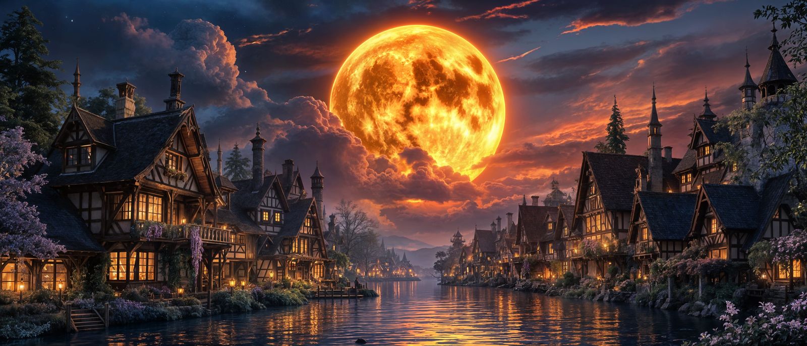 Medieval Riverside Village & Harbor under a Full Moon