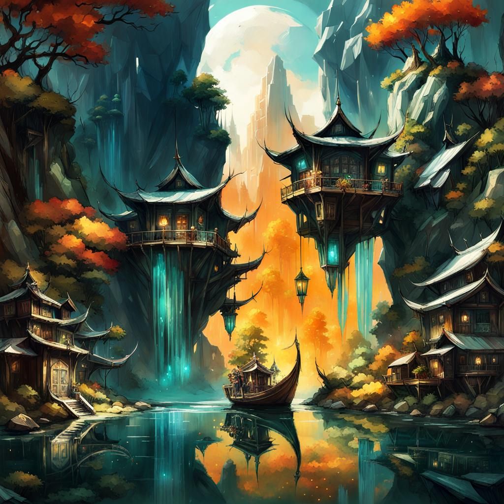 Ethereal Clockpunk Crystal Bonsai Village