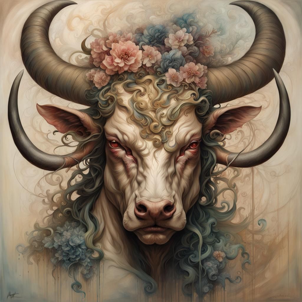 Floral Minotaur Portrait in Art Nouveau Style