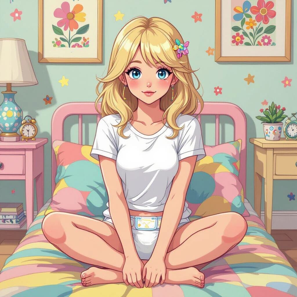 Blonde Woman in Diaper, Surreal Pop Art Style