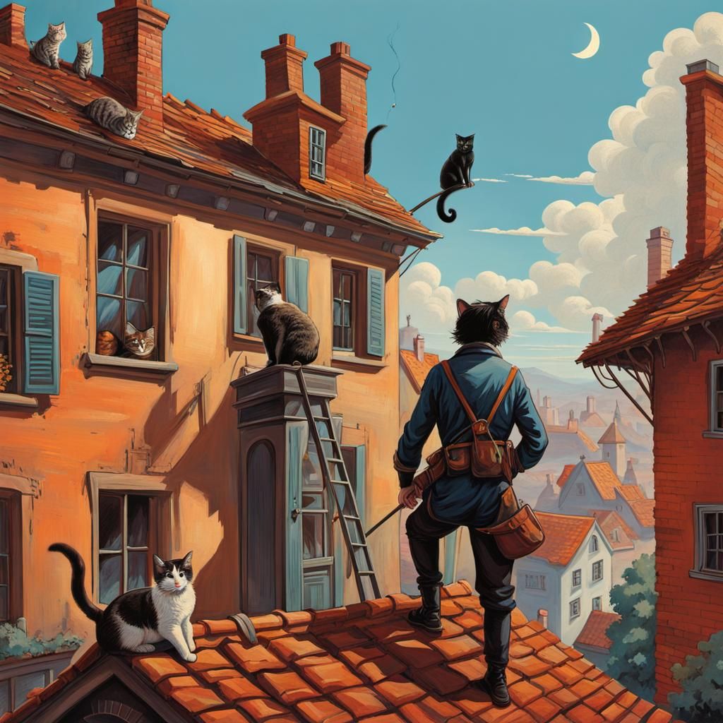 The Cats On the Roof, a Chimney Sweep Amongst Them