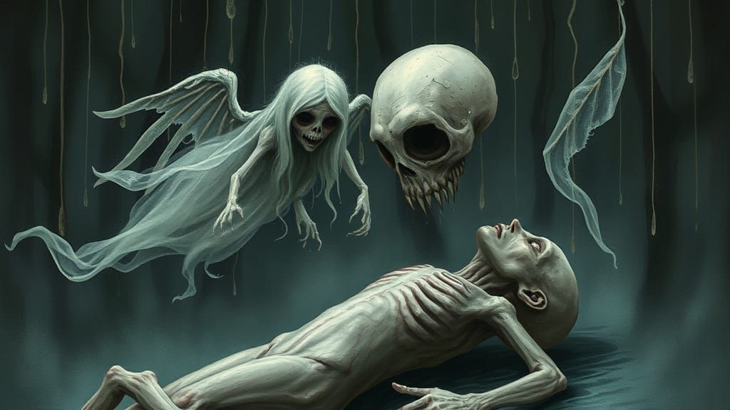 Ethereal Ghost Gazes At Lifeless Body in Dark Whimsical Styl...