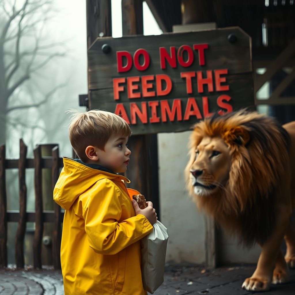Cinematic Boy Feeds Lions in the Rain, Defying Warning Sign