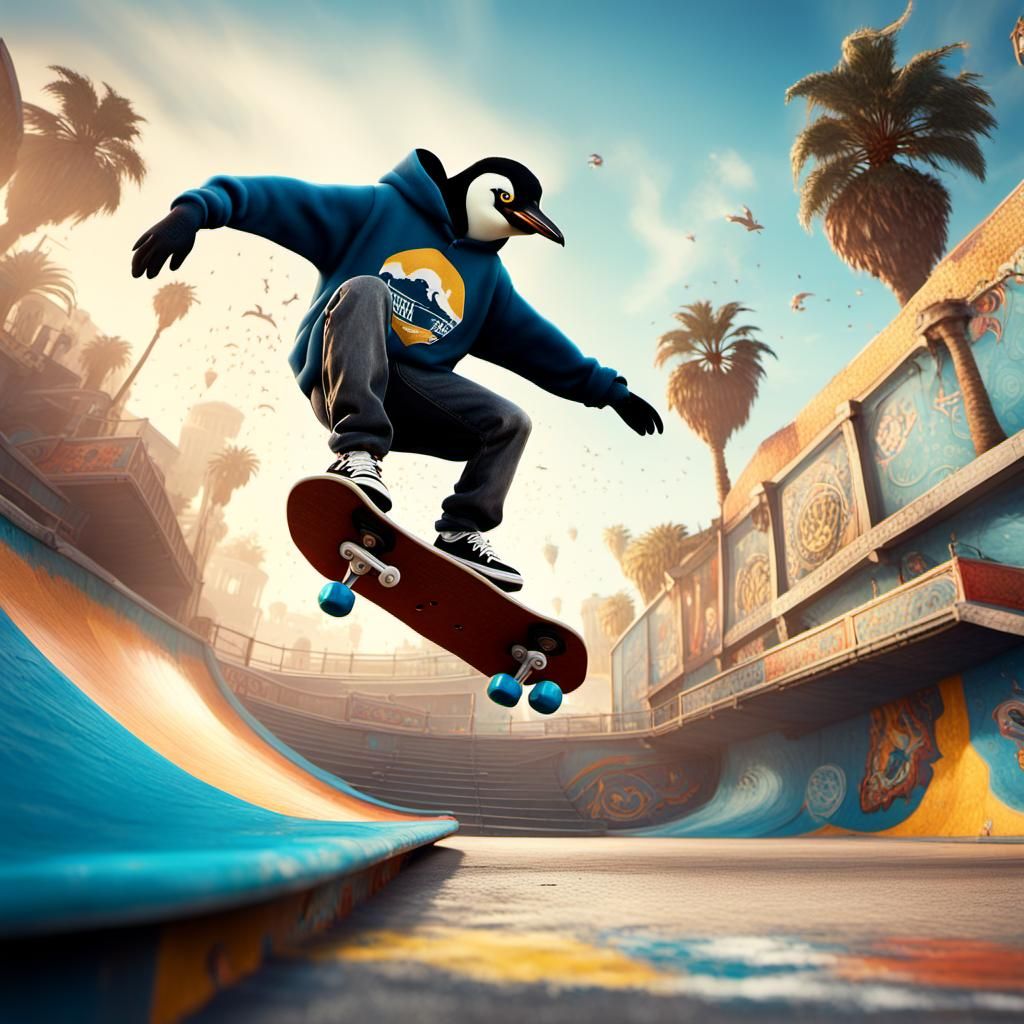 Penguin Skateboarder Rides Venice Halfpipe