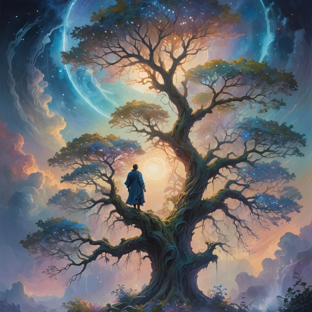 Mystical Figure Atop Ancient Tree in Dreamscape