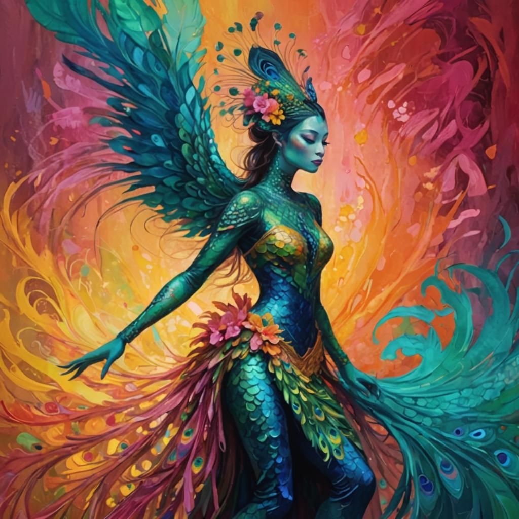 Dragon Woman with Flowers in Abstract Expressionism