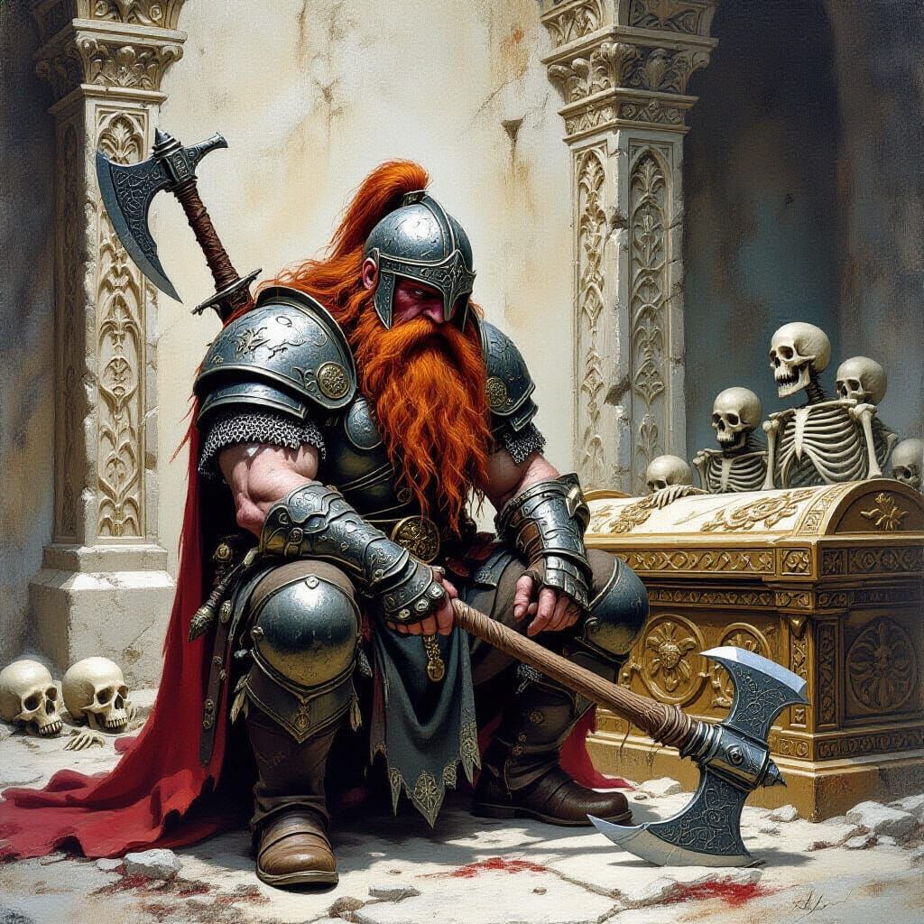 Sorrowful Dwarf Kneeling Before Fallen King's Sarcophagus
