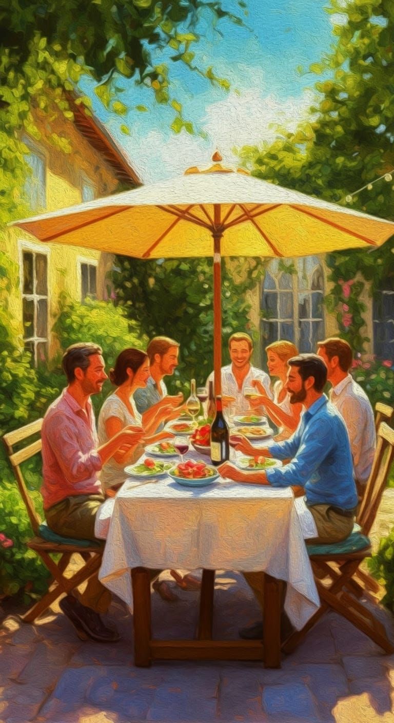 Vibrant Outdoor Dining Scene in Neo-Impressionist Style