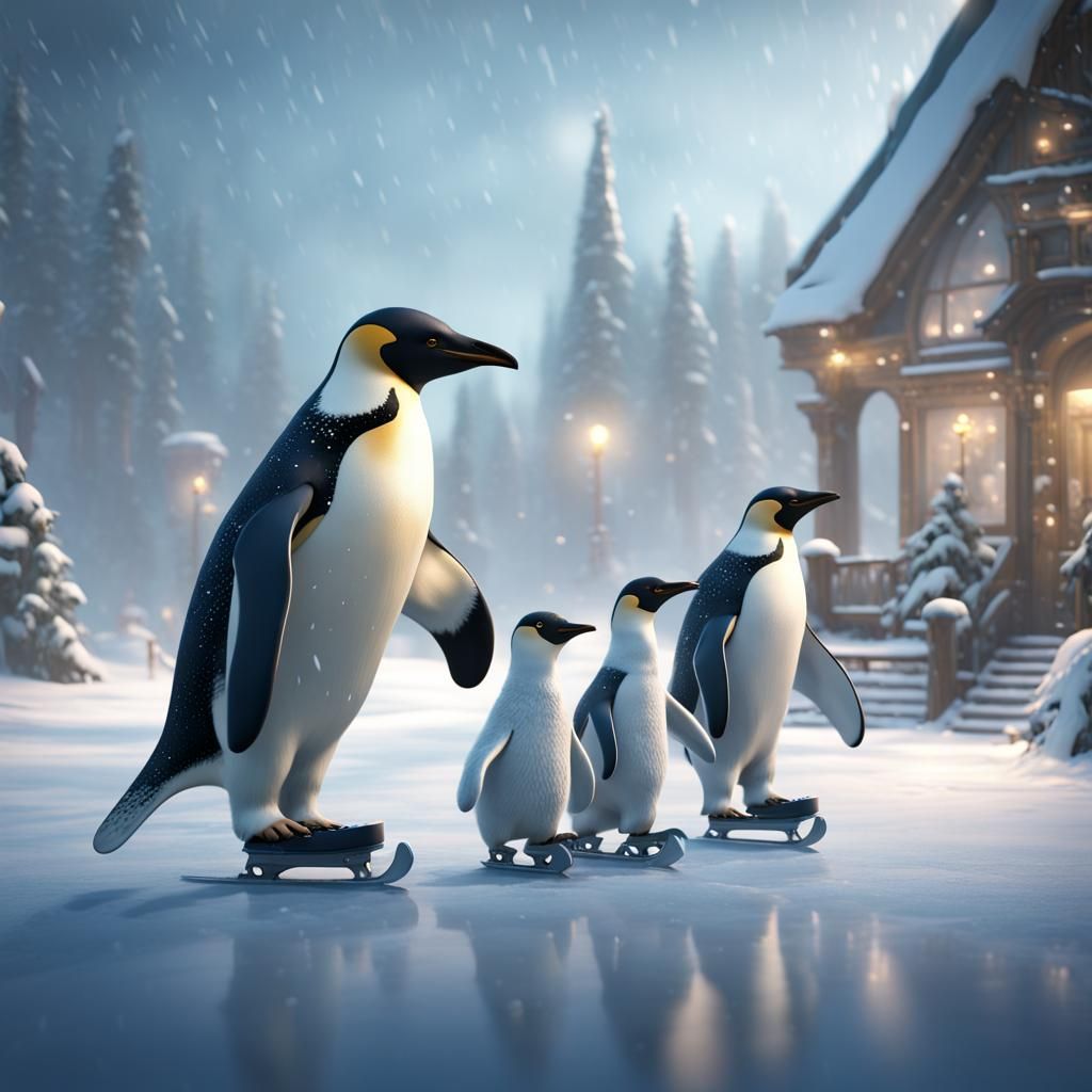 Penguin Family Ice Skating with Polar Bear in Snow