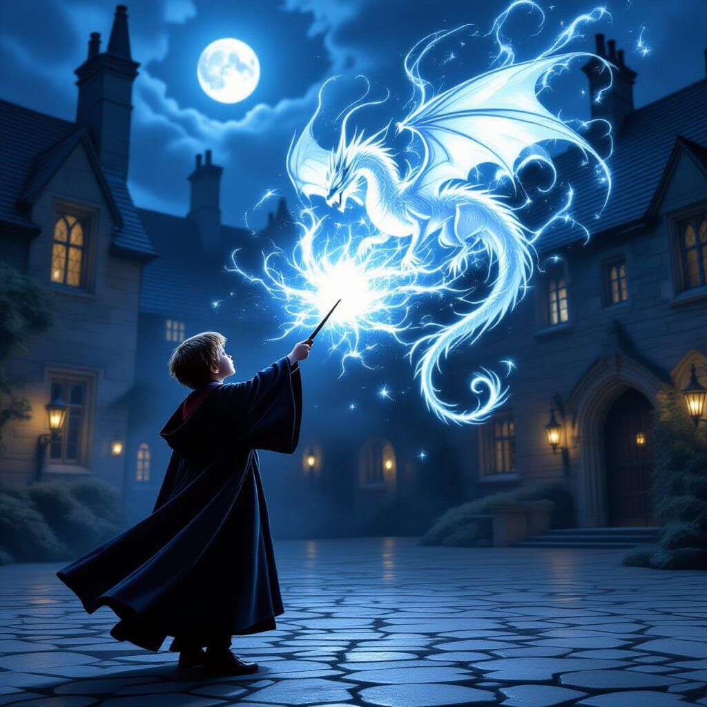 Wizard Boy Conjures Dragon Patronus in Moonlit Courtyard