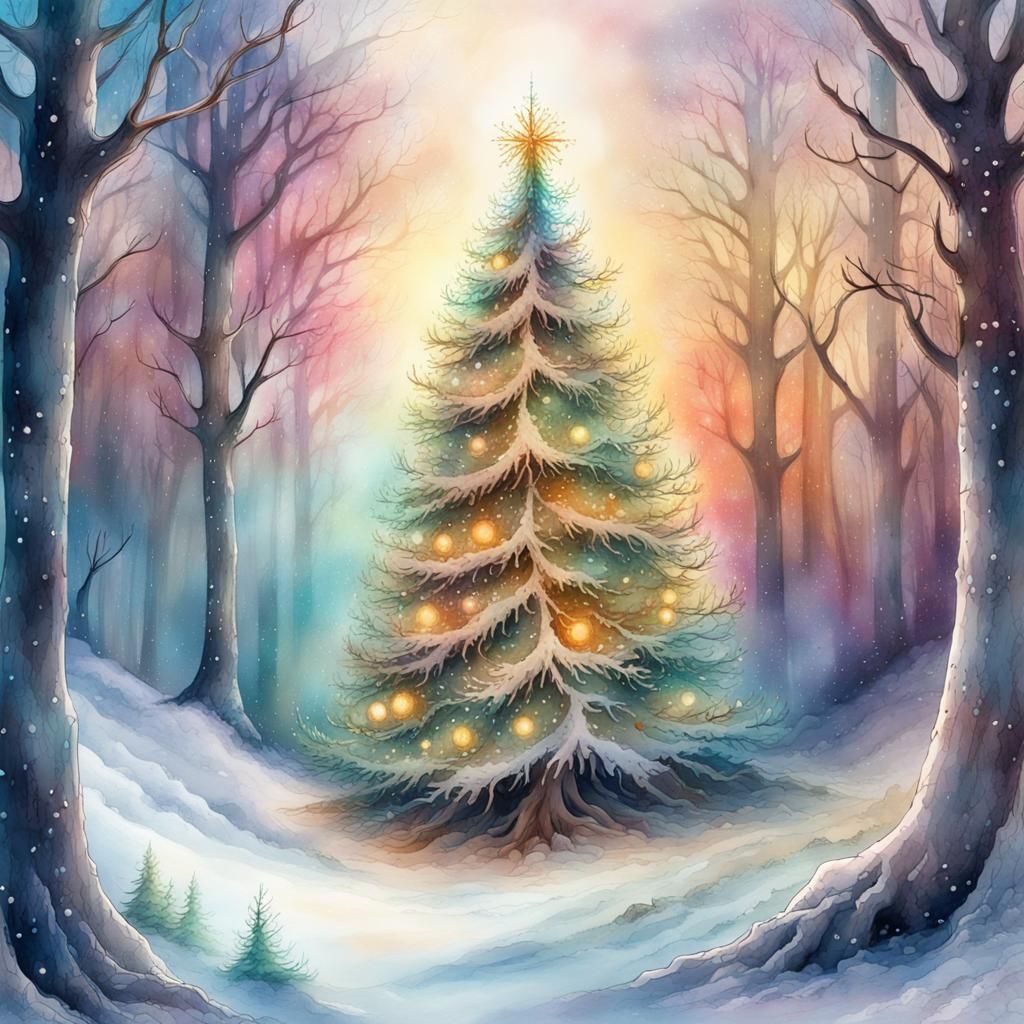 Magical Christmas Tree in Winter Forest Watercolor