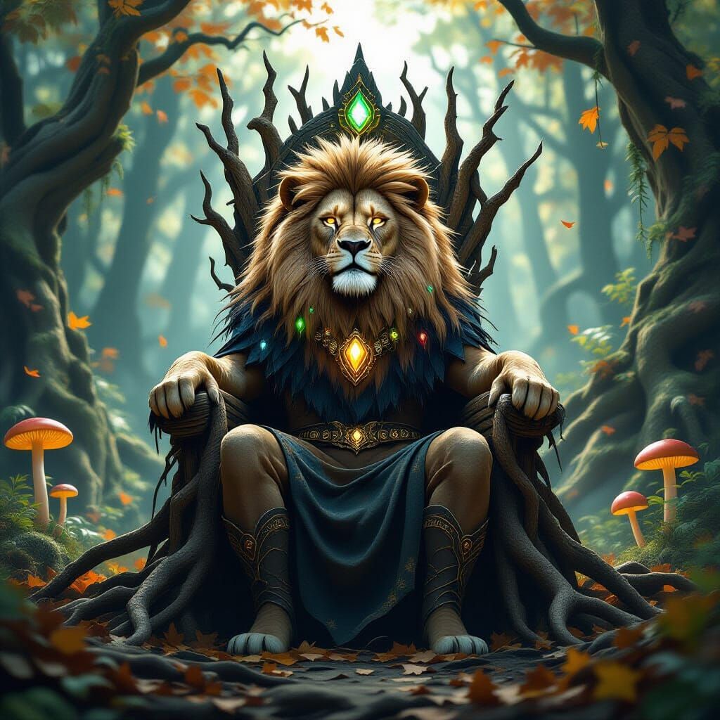 Lion King on Root Throne in Fantasy Forest