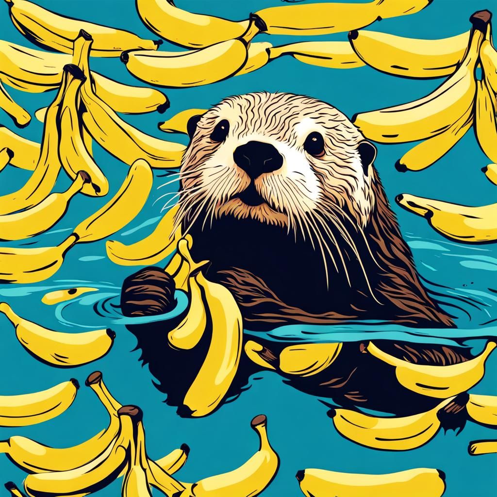 Sea Otter Swimming and Eating Bananas in Abstract Art