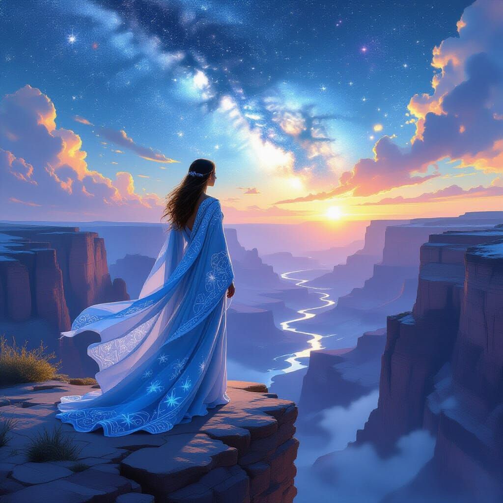 Celestial Woman Overlooks Starry Canyon in Concept Art Style