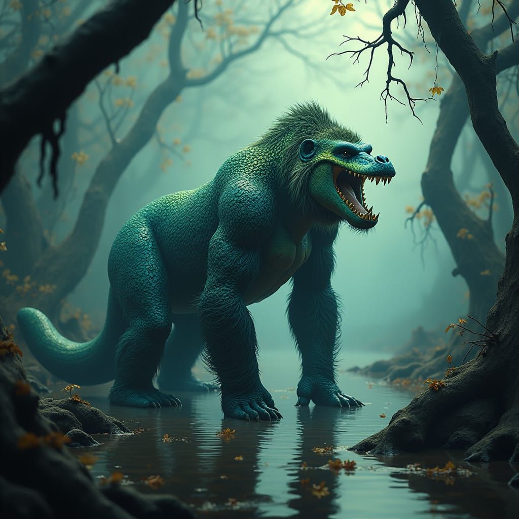 Majestic Gorilla-Alligator Fusion in Prehistoric Swamp