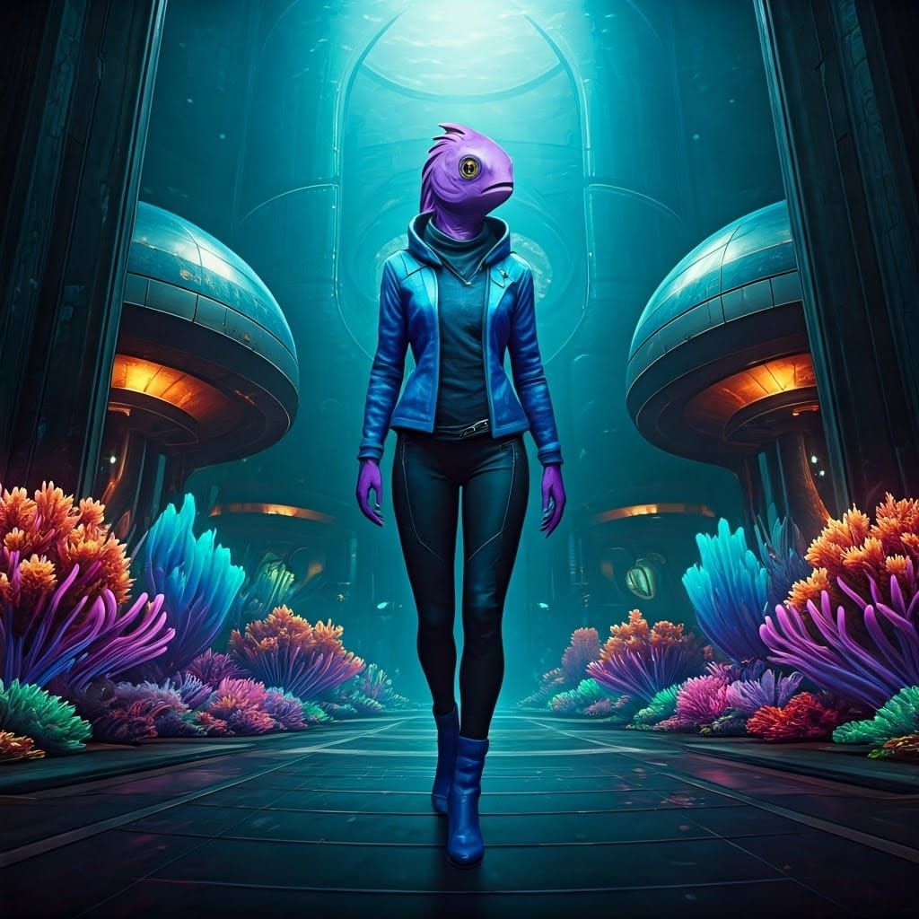 Underwater Metropolis: Fish Woman in Futuristic Cityscape