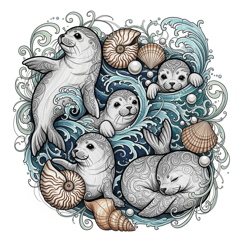 Baby Seals Tattoo Flash Sheet in Sketch Style